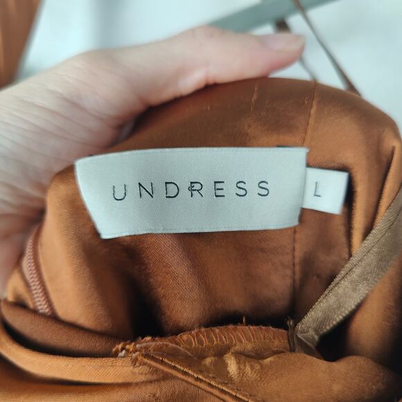 Undress Paula Tawny Brown Cocktail Midi Dress Womens Large Satin Halter Twist - Picture 6 of 9